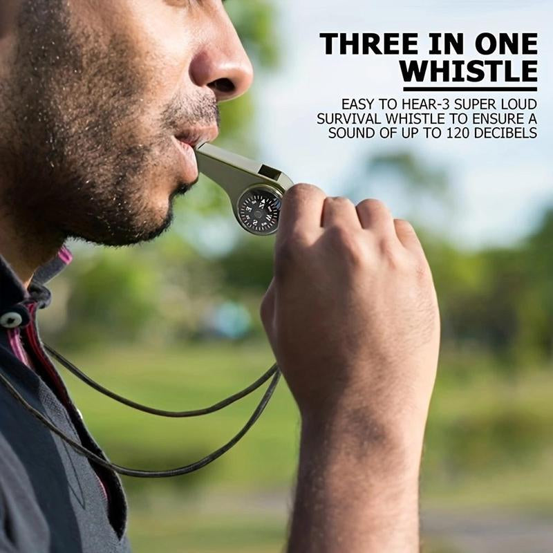 3 in 1 Emergency Survival Whistle with Lanyard, 1 Count Portable High Frequency Whistle with Compass & Thermometer, Outdoor Tool for Camping, Hiking, Referees