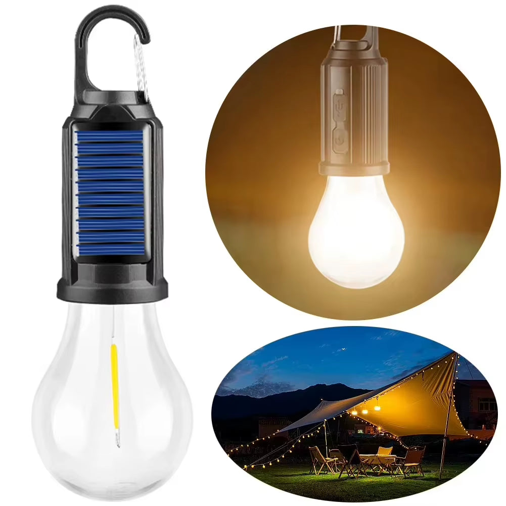 LED Solar Camping Lights USB Rechargeable Bulbs Lamp Dimmable with Hooks Vintage Light for Hiking Tent Lantern Outdoor Lighting