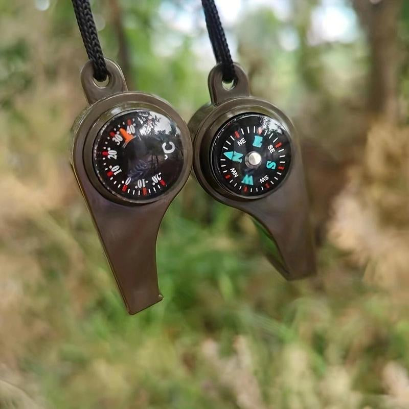 3 in 1 Emergency Survival Whistle with Lanyard, 1 Count Portable High Frequency Whistle with Compass & Thermometer, Outdoor Tool for Camping, Hiking, Referees
