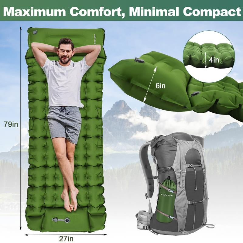 COOLERO Winter Sleeping Pad for Camping, Ultralight 4In Air Mattress with Built-In Pump Portable Camping Pad with Pillow Compact Lightweight Comfortable Sleeping Mat for Camping, Backpacking, Hiking