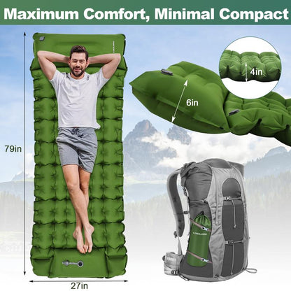 COOLERO Winter Sleeping Pad for Camping, Ultralight 4In Air Mattress with Built-In Pump Portable Camping Pad with Pillow Compact Lightweight Comfortable Sleeping Mat for Camping, Backpacking, Hiking