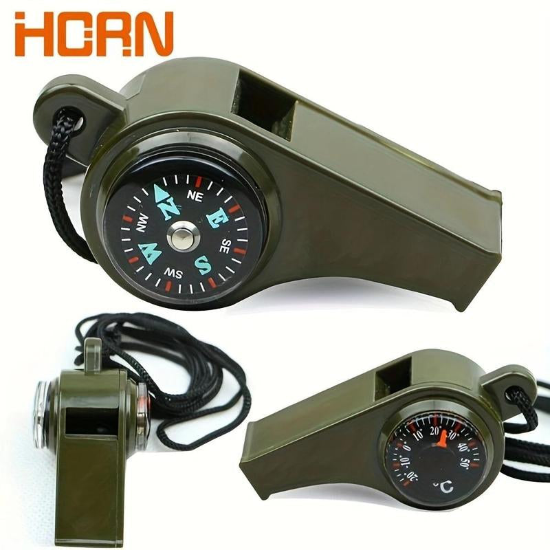 3 in 1 Emergency Survival Whistle with Lanyard, 1 Count Portable High Frequency Whistle with Compass & Thermometer, Outdoor Tool for Camping, Hiking, Referees