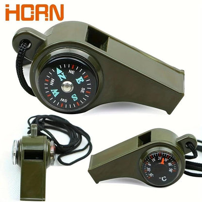 3 in 1 Emergency Survival Whistle with Lanyard, 1 Count Portable High Frequency Whistle with Compass & Thermometer, Outdoor Tool for Camping, Hiking, Referees