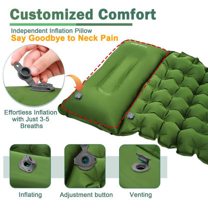 COOLERO Winter Sleeping Pad for Camping, Ultralight 4In Air Mattress with Built-In Pump Portable Camping Pad with Pillow Compact Lightweight Comfortable Sleeping Mat for Camping, Backpacking, Hiking