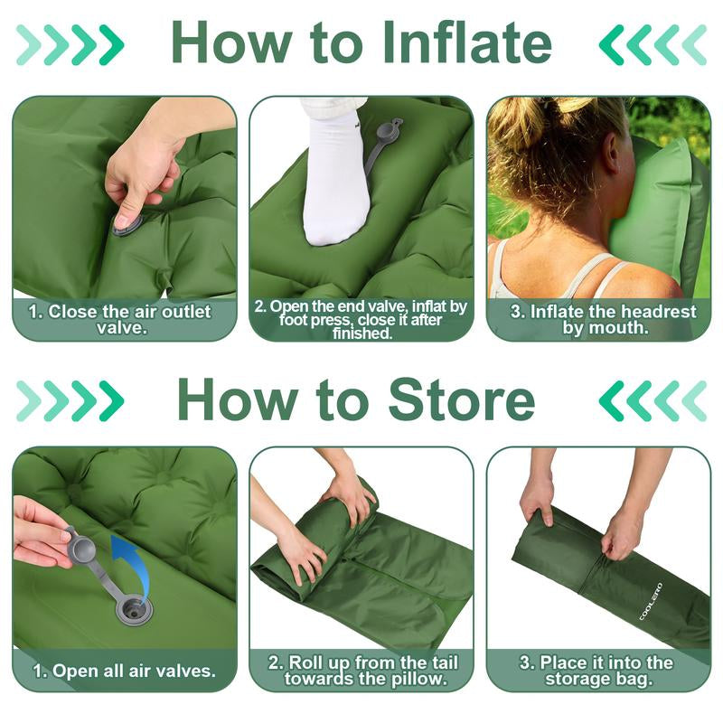 COOLERO Winter Sleeping Pad for Camping, Ultralight 4In Air Mattress with Built-In Pump Portable Camping Pad with Pillow Compact Lightweight Comfortable Sleeping Mat for Camping, Backpacking, Hiking